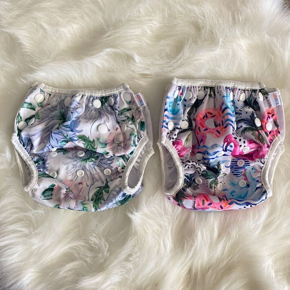 Set of 2 Sm/One Size Alva Baby Girl Swim Bottom Floral Flamingo Donut Reusable